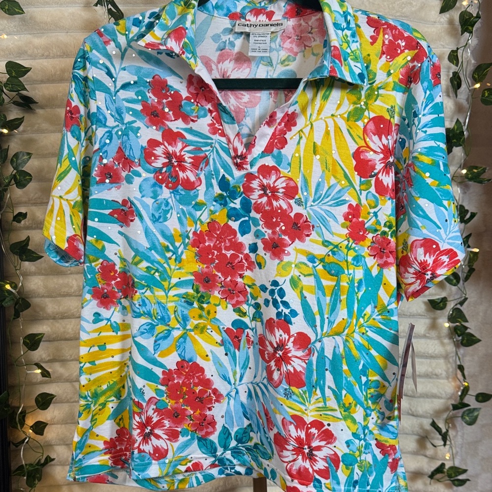 Cathy Daniels Floral Top with Red and Blue Accents